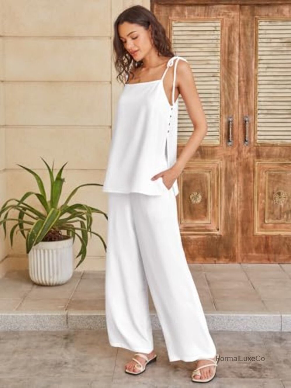 2 Piece Summer Set - Sleeveless Top & Wide Leg Pants - Loose Loungewear Travel - Picture 3 of 7